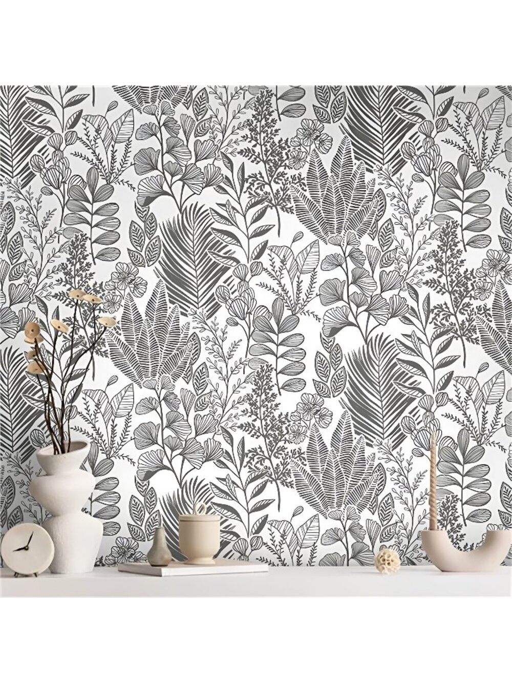 Peel and Stick Wallpaper Grey Leaf Floral Wallpaper for Bedroom Self